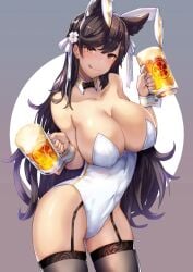 1girls 2022 alcohol animal_ears atago_(azur_lane) azur_lane beauty_mark beer black_hair blush breasts bunny_ears bunny_girl bunnysuit female female_only garter_straps hair_ornament hips holding_object huge_breasts leotard licking_lips long_hair looking_at_viewer mole_under_eye mug naughty_face satou_daiji simple_background skindentation slim_waist smile thick_thighs thighhighs thighs tongue tongue_out white_leotard wide_hips yellow_eyes