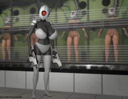 3d 3d_(artwork) 5girls ass automated_turret big_breasts bikini black_skin bodysuit breasts dark_skin factory female_only gun helmet huge_breasts human humanoid multiple_girls nude nude_female portal_(series) portal_2 red_eyes robot robot_girl robot_humanoid sentry_turret soldierhunterm source_filmmaker turret turret_(portal) turret_gal_(soldierhunterm) valve