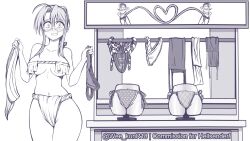 anxious artist_name blush breast_curtains clothes_rack commission commissioner_name commissioner_upload display displaying embarrassed fabric false_smile for_sale fundoshi glasses grin grinning hasegawa_chisame hips holding holding_cloth holding_clothes holding_clothing holding_object holding_underwear humiliation kouhaku_nawa mahou_sensei_negima mahou_sensei_negima! mannequin market market_stall medium_breasts monochrome nervous nervous_smile panties polka_dot polka_dot_panties side-tie_bottom side-tie_panties sign sketch smile smiling tearing_up tears weekun wide_eyed