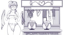 anxious artist_name blush breast_curtains clothes_rack commission commissioner_name commissioner_upload display displaying embarrassed fabric false_smile for_sale fundoshi glasses grin grinning hasegawa_chisame hips holding holding_cloth holding_clothes holding_clothing holding_object holding_underwear humiliation kouhaku_nawa mahou_sensei_negima! mannequin market market_stall medium_breasts monochrome nervous nervous_smile panties polka_dot polka_dot_panties side-tie_bottom side-tie_panties sign sketch smile smiling tearing_up tears weekun wide_eyed