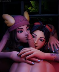 1boy 2girls black_hair black_nails blue_eyes blue_nails brown_hair cock_worship coconutbot80 collaborative_fellatio fellatio fingernails fortnite fortnite:_battle_royale jules_(fortnite) multiple_girls nail_polish penis penis_on_face saliva skye_(fortnite) straight tattoo teamwork