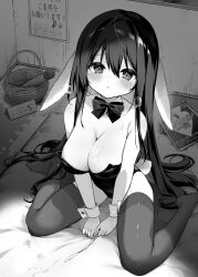 absurdres animal_ears bare_shoulders basket blush bow bowtie breasts bunny_ears bunny_girl bunny_tail cleavage detached_collar female female futon highres hitachi_magic_wand kurimochi_chizuru large_breasts leotard long_hair looking_at_viewer monochrome no_shoes original playboy_bunny rabbit_ears rabbit_girl rabbit_tail sex_toy sitting solo strapless strapless_leotard sweat tail tears thighhighs thighs trembling very_long_hair vibrator wrist_cuffs