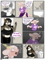 2022 absurd_res alst anthro bathroom big_breasts bodily_fluids bottomwear breasts brown_body brown_fur canid canine canis clothed clothing comic dialogue digital_media_(artwork) duo female female/female fully_clothed fur genital_fluids hi_res macro mammal micro mouse murid murine peeing pink_body pink_fur rodent skirt thaismotosuwa toilet urine water watersports white_body white_fur wolf