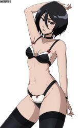 1girls black_hair bleach bra choker female_only kuchiki_rukia lingerie looking_at_viewer mistowing panties short_hair simple_background solo solo_female thighhighs white_background