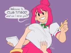 a-gal agal1502 big_breasts breast_grab breast_rub english_text female groping kumatora lucas male mob_face mother_(series) mother_3 nintendo no_nose npc npc_sex oblivious official_alternate_costume pencil pink_hair short_hair smile tagme touching_breast unaware yoshikoshi_(mother_3)