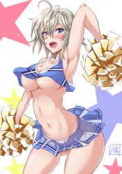 1girls anastasia_(idolmaster) arm_up armpits blue_eyes blush breasts cheerleader cheerleader_uniform cleavage eyelashes_visible_through_hair hair_between_eyes idolmaster idolmaster_cinderella_girls looking_at_viewer nipples no_bra no_panties pom_poms short_hair silver_hair skirt smile solo sweat sweatdrop underboob yokoyama_naoki