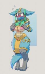 1girls anthro areolae big_breasts breasts diagamon ears_down egyptian embarrassed female female_lucario female_only full_body furry ineffective_clothing lucario masturbation nicrse nipples nude pokemon pokemon_(species) pokemon_unite ruins_style_lucario solo standing tagme tail_between_legs thick_thighs underboob wide_hips