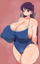 1girls areola areola_slip areolae bare_shoulders big_breasts blush breasts busty cameltoe cleavage curvy heart komi-san_wa_komyushou_desu komi_shouko large_breasts long_hair looking_at_viewer nipple_bulge nipple_slip nipples one-piece_swimsuit open_mouth purple_eyes purple_hair red_background reecedantes simple_background solo solo_female sweat swimsuit thick_thighs thunder_thighs venus_body voluptuous wide_hips