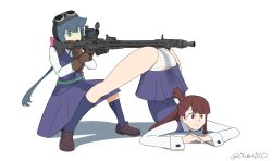 2girls akko_kagari ass constanze_amalie_von_braunschbank-albrechtsberger female female_only gun jack-o_pose little_witch_academia mg42 multiple_girls oksandio panties tagme top-down_bottom-up