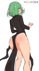 1girls ass biitii_art female female_only green_eyes green_hair hi_res looking_at_viewer looking_back one-punch_man solo tatsumaki thighs white_background wide_hips