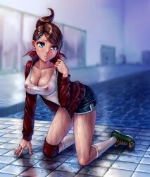 2013 asahina_aoi blue_eyes blue_hair breasts brown_hair cleavage danganronpa danganronpa:_trigger_happy_havoc dark-skinned_female female female_only legs monorus nipples straight_hair swimming_pool tan_skin wet wet_clothes wet_t-shirt