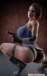 1girls 3d ass ass_focus big_ass big_breasts blue_clothes blue_clothing blue_eyes capcom dat_ass female female_focus female_only firearm footwear gun handgun handwear huge_ass huge_breasts human jill_valentine jill_valentine_(sasha_zotova) kingestefano98 panties pin_up pistol police resident_evil resident_evil_3 resident_evil_3_remake sideboob solo squatting squish squish_ass weapon woman_in_suit