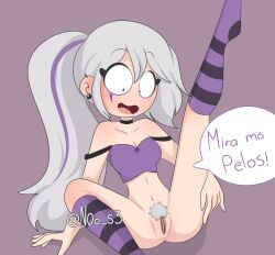 big_breasts fhs fhsz3r0 fnafhs fnafhs_z3ro fnafhsrule34 hairy_pussy mai_(fnafhs) n0o_s3 panties pantsless pubic_hair purple_hair spanish_text speech_bubble topwear vagina white_hair