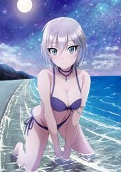 all_fours anastasia_(idolmaster) armlet bangs beach bikini blue_eyes breasts choker cleavage eyebrows_visible_through_hair eyelashes_visible_through_hair female female_only full_moon gem green_gem hair_between_eyes idolmaster idolmaster_cinderella_girls inoshira jewelry moon moonlight night night_sky ocean pendant purple_bikini sand shore short_hair silver_hair smile starry_sky water