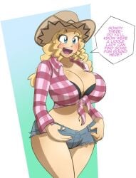 1girls bare_midriff big_ass big_breasts bimbo blonde_hair blue_eyes blush bra_cups_sticking_out breasts cleavage cowboy_hat cowgirl daisy_dukes english_text female freckles front-tie_top grass_in_mouth hi_res jean_shorts jorts kobi-tfs kobi94 large_breasts light-skinned_female light_skin long_hair navel original plaid_shirt short_shorts shorts solo solo_female southern_accent speech_bubble tan_skin wide_hips