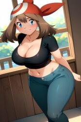 ai_generated arms_behind_back big_breasts black_crop_top blue_eyes blush brown_hair busty cleavage collarbone curvy facing_viewer female jeans light_smile may_(pokemon) navel pokemon red_bandana seraphim_ai solo stable_diffusion standing