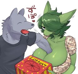 big_breasts eyes_closed female funny furry green_fur green_hair grey_fur hands_between_breasts tagme tagme_(character)