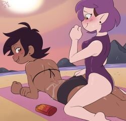 2girls amity_blight ass ass_grab beach blush breasts brown_eyes brown_hair canon_couple dark-skinned_female dark_skin dezz earrings female female_only latina luz_noceda lying lying_on_stomach multiple_girls pointy_ears purple_hair short_hair small_breasts straight_hair sunscreen sunscreen_on_back swimsuit the_owl_house thick_thighs thighs yuri