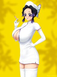 alternate_costume big_breasts black_hair blush butterfly_hair_ornament cleavage cleavage_cutout demon_slayer elbow_gloves female female_only gloves hand_on_hip huge_breasts kding kimetsu_no_yaiba kochou_shinobu looking_at_viewer nurse nurse_cap nurse_uniform purple_eyes short_dress smile solo syringe thighhighs two_tone_hair white_gloves white_legwear white_thighhighs yellow_background zettai_ryouiki