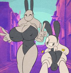 animal_humanoid anthro ass balls big_breasts big_butt breasts brother brother_and_sister bulge bunny_costume bunnysuit cleavage clothed clothing costume double_v_sign duo female flint_(qoolguyart) genitals gesture grey_body hi_res humanoid lagomorph lagomorph_humanoid leporid leporid_humanoid looking_back male male/female mammal mammal_humanoid nipple_outline oc original original_characters qoolguyart rabbit rabbit_humanoid sibling sister skimpy steel_(qoolguyart) tight_clothing v_sign