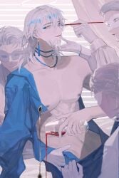 alternate_hair_color belly_button blue_makeup box_tenshi ear_piercing gin-jian light-skinned_male light_skin male_focus mask nijisanji nijisanji_en nipples pink_eyes shirtless virtual_youtuber vox_akuma white_hair yellow_eyes