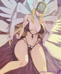 1girls 8_wings angel_wings angewomon arttoru bikini blonde_hair cleavage digimon digimon_(species) digimon_adventure female female_only helmet large_breasts leaning_back long_hair navel smile solo tagme thick_thighs thigh_gap thin_waist watermark wide_hips wings