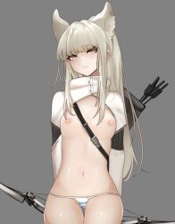 animal_ear_fluff animal_ears arknights arms_behind_back arrow_(projectile) blonde_hair blush bow_(weapon) breasts closed_mouth cowboy_shot female female frown grey_background highres holding holding_bow_(weapon) holding_weapon horse_ears long_hair long_sleeves looking_at_viewer lowleg lowleg_panties lumc navel panties platinum_(arknights) ponytail quiver shrug_(clothing) sidelocks simple_background small_breasts solo stomach striped striped_panties thigh_gap underwear weapon white_panties yellow_eyes