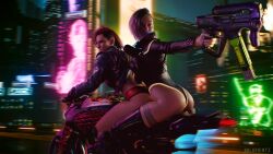 2girls 3d 4k ass blurry_background body_armor clothed_female cyberpunk_2077 female female_focus female_only green_hair gun hips holopointz judy_alvarez light-skinned_female motorcycle petite petite_body purple_hair red_hair submachine_gun tattoos thighhighs thighs v_(cyberpunk_2077) valerie_(cyberpunk_2077)