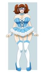 ass_visible_through_thighs big_ass blush breasts cleavage emie_(kobi) glasses high_heels kobi-tfs kobi94 large_breasts light_brown_hair looking_at_viewer maid_headdress maid_uniform open_mouth original panties thick_thighs thighhighs twintails wide_hips