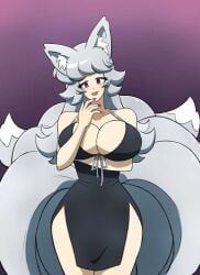 ara_ara arm_under_breasts blush breasts cleavage emie_(kobi) finger_on_chin fox_girl hi_res kitsune kobi-tfs kobi94 large_breasts long_hair multi_tail original purple_eyes seductive_look silver_hair thick_thighs transformation wide_hips