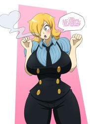 bimbo bimbofication blonde_hair blue_eyes female female_only genderswap genderswap_(mtf) hair_over_one_eye heart hi_res huge_breasts kobi-tfs kobi94 mtf_transformation one_piece rule_63 smoking text thick_thighs vinsmoke_sanji wide_hips