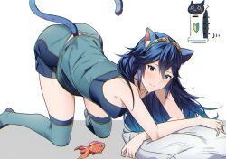 1girls ameno_(a_meno0) animal_ears ass ass_up bangs blue_eyes blue_hair blue_socks blush breasts cat_ears cat_girl cat_tail catgirl female female_only fire_emblem fire_emblem_awakening gold_trim legs long_hair looking_at_viewer lucina_(fire_emblem) nintendo no_shoes simple_background small_breasts smile socks solo symbol-shaped_pupils tail thigh_socks thighhighs tiara underwear