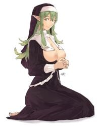 1girls breastless_clothes breastless_clothing breasts breasts_out casual_nudity exposed_breasts fire_emblem fire_emblem_awakening green_eyes green_hair kneeling looking_at_viewer medium_breasts nintendo nipples nun nun_hat nun_outfit on_knees ponytail praying sakuremi smile tiki_(adult)_(fire_emblem) tiki_(fire_emblem) topless_dress