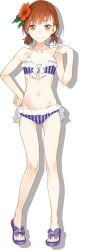 10s 1girls 2015 alternate_hairstyle bare_shoulders bare_thighs belly bikini breasts brown_eyes brown_hair collarbone cute feet flower frilled_bikini frills full_body haimura_kiyotaka hair_flower hair_ornament hi_res hibiscus long_legs looking_at_viewer low_twintails misaka_mikoto navel official_alternate_costume official_art sandals short_hair small_breasts smile solo solo_female striped striped_bikini swimsuit teenage_girl teenager thighs to_aru_kagaku_no_railgun to_aru_majutsu_no_index toes twintails vertical-striped_bikini vertical_stripes white_background young