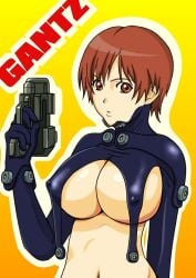 big_breasts brown_eyes brown_hair cleavage female female_only gantz gantz_suit gun kei_kishimoto latex latex_suit looking_at_viewer nipple_bulge short_hair sideboob solo underboob upper_body weapon