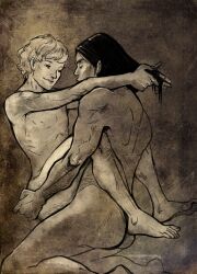 2boys a_song_of_ice_and_fire anal anal_sex closed_eyes completely_nude game_of_thrones gay implied_anal kneeling long_hair_male looking_at_another male male_only monochrome nude ramsay_bolton scars scratches shugisterart skinny slave smile stockholm_syndrome theon_greyjoy yaoi