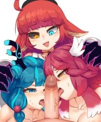 1boy 3girls antlers ara_(maplestory) aufheben_(maplestory) bangs beads bippew black_sclera blowjob blue_eyes blue_hair blush breasts colored_sclera completely_nude completely_nude_female exposed_shoulders fellatio fffm_foursome foursome frown hair_beads hair_ornament hair_wings hand_on_another's_head hat headwear heterochromia highres irrumatio kaling_(maplestory) large_breasts laughing licking licking_penis light-skinned_female light-skinned_male light_skin maplestory mastgg medium_breasts mosaic_censoring multiple_girls naked naked_female no_bra oerba_yun_fang open_mouth oral orange_eyes penis red_hair saliva simple_background small_breasts smile sweat teeth tongue tongue_out topless topless_female uncensored upper_teeth_only white_background