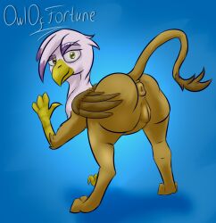 anus ass avian beak brown_body brown_feathers feathers female feral friendship_is_magic genitals gilda_(mlp) gryphon hasbro hi_res long_tail my_little_pony mythological_avian mythology owloffortune puffy_anus pussy raised_tail smile smirk solo tail_tuft tuft white_body white_feathers yellow_eyes