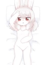 anthro bed bedding bedding_background dakimakura_design female flat_chested fur furniture genitals grey_hair hair hand_on_head hand_on_stomach hi_res inner_ear_fluff kuzuyu kuzuyukuro lagomorph looking_at_viewer lying mammal neck_tuft on_back on_bed pillow pussy red_eyes solo tuft white_body white_fur young