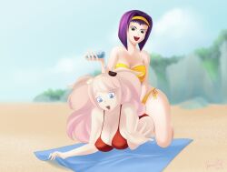 2girls beach bikini blue_eyes blue_hair breasts cleavage clutching_sheets cowboy_bebop danganronpa embarrassed embarrassed_nude_female faye_valentine female female_only glamourpink hair_ornament headband humiliation imminent_death junko_enoshima killer_lotion lotion lotion_bottle massage multiple_girls on_stomach peril pink_hair punishment reaching_out red_swimsuit rubbing scared screaming sitting_on_person snuff straight_hair summer sunbathing sunscreen swimsuit towel twintails yellow_swimsuit