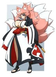 1girls baiken blush breasts cleavage cosplay emie_(kobi) eye_patch female female_only fox_girl guilty_gear holding_own_breast katana kitsune kobi-tfs kobi94 large_breasts multiple_tails pink_hair solo