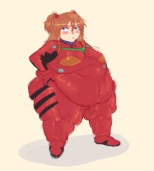 1girls asuka_langley_sohryu belly_button big_breasts blue_eyes blush bodysuit breasts brown_hair chubby clothes clothing fat fat_folds female female_only fully_clothed large_breasts looking_away neon_genesis_evangelion overweight pivk00 shortstack skin_tight skinsuit skintight solo thick_thighs thighs