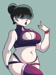 big_breasts black_hair boob_window breasts chubby chubby_female dressuptober elleturt female_only goth hair_bun hair_over_eyes open_mouth ruby_whitford suggestive thick_thighs