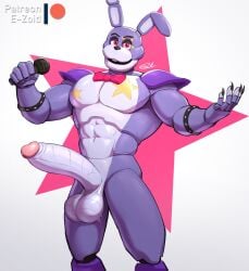 animatronic anthro balls big_balls big_penis bow_tie e-zoid fanmade_design five_nights_at_freddy's five_nights_at_freddy's:_security_breach genitals glamrock_bonnie_(fnaf) hi_res lagomorph leporid looking_at_viewer machine male male_only mammal microphone pecs penis rabbit robot solo solo_male