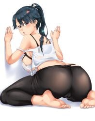 ass ass_cleavage barefoot blue_hair blush bra breasts butt_crack cameltoe cupless_bra feet female highres houshou_(kantai_collection) june_(ne_z_asa) kantai_collection large_breasts long_hair looking_at_viewer looking_back milf panties pants parted_lips ponytail see-through see-through_clothing sideboob soles toes underboob underwear yoga_pants