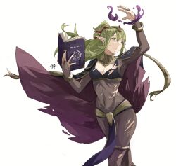 1girls alternate_costume bangs black_cape bodystocking book bracelet breasts bridal_gauntlets cape cleavage closed_mouth cosplay covered_navel english_commentary exposed_nipples female female_only fire_emblem fire_emblem_awakening gold_trim green_eyes green_hair hair_between_eyes hair_ribbon highres holding holding_book jewelry long_hair looking_away magic medium_breasts multicolored_cape multicolored_clothes navel nintendo pelvic_curtain pointy_ears ponytail purple_cape red_ribbon ribbon ripped_clothing sakuremi sidelocks signature simple_background skin_tight skin_tight_suit smile solo solo_female tharja_(fire_emblem)_(cosplay) tiara tiki_(adult)_(fire_emblem) tiki_(fire_emblem) two-tone_cape white_background worried