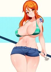 1girls big_breasts blush breasts female female_focus female_only long_hair minishorts nami one_piece orange_eyes orange_hair post-timeskip shorts smile solo solo_female thick_thighs thighs tiger1001 wide_hips