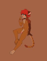 4_toes 5_fingers anthro blush brown_background brown_body brown_fur chest_tuft domestic_cat feet felid feline felis fingers fur genitals green_eyes hair hi_res humanoid_genitalia humanoid_hands humanoid_penis kinsed_(kinsedlives) kinsedlives male mammal navel open_mouth penis pubes red_hair simple_background sitting solo toes tuft