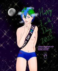 asserack blue_eyes blue_hair blue_shorts earth-chan flat_chest flat_chested moon outer_space short_hair shorts shy space white_skin