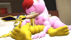 3d 3d_(artwork) anthro anthro_on_anthro anthrofied balls ballsack blowjob crossover cum cum_in_mouth cum_inside custom_character_(sonic_forces) game_freak gay half-closed_eyes humanoid humanoid_genitalia humanoid_penis jolteon looking_at_partner male male/male male_only muscular muscular_anthro muscular_male oral oral_sex penis penis_out pokémon_(species) pokemon saiyangoku4_(artist) sex sfm sonic_(series) sonic_forces sonic_the_hedgehog_(series) source_filmmaker sucking sucking_penis